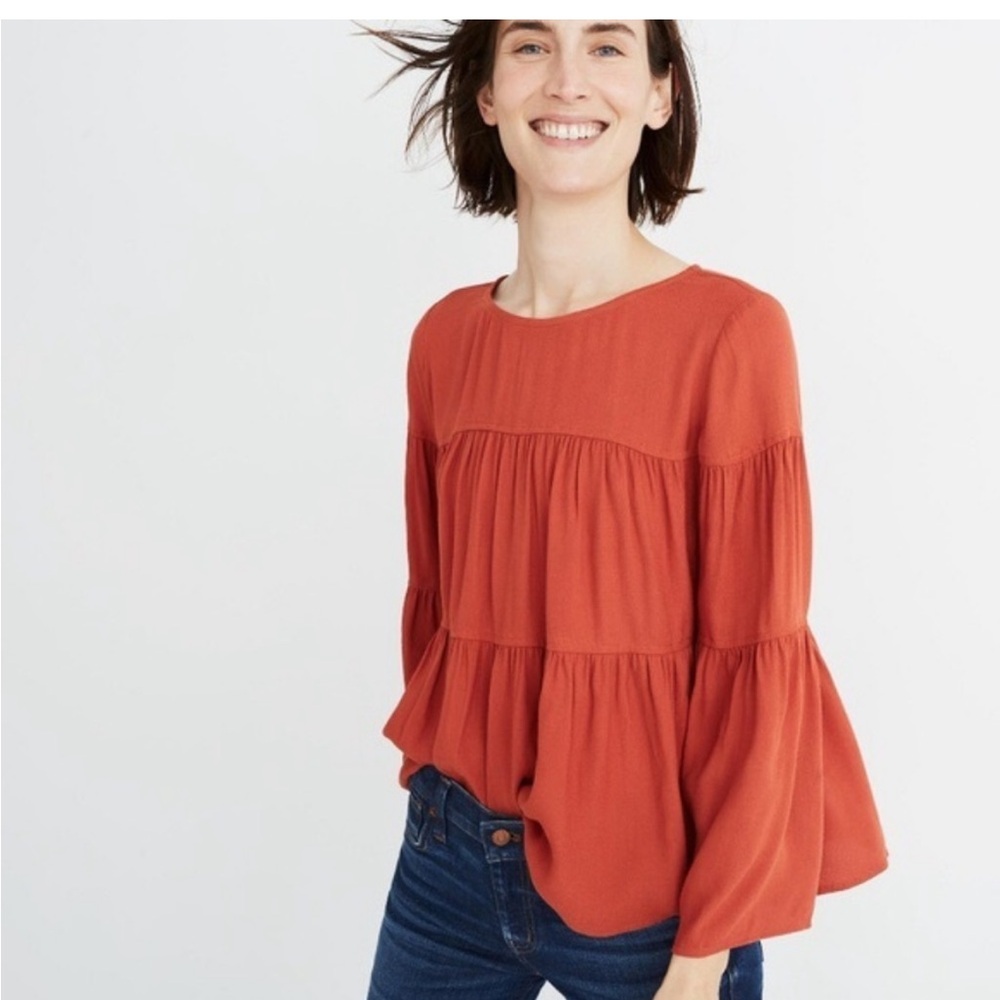 Madewell Tiered Rust Orange Burnt top button boho flared sleeves gypsy chore